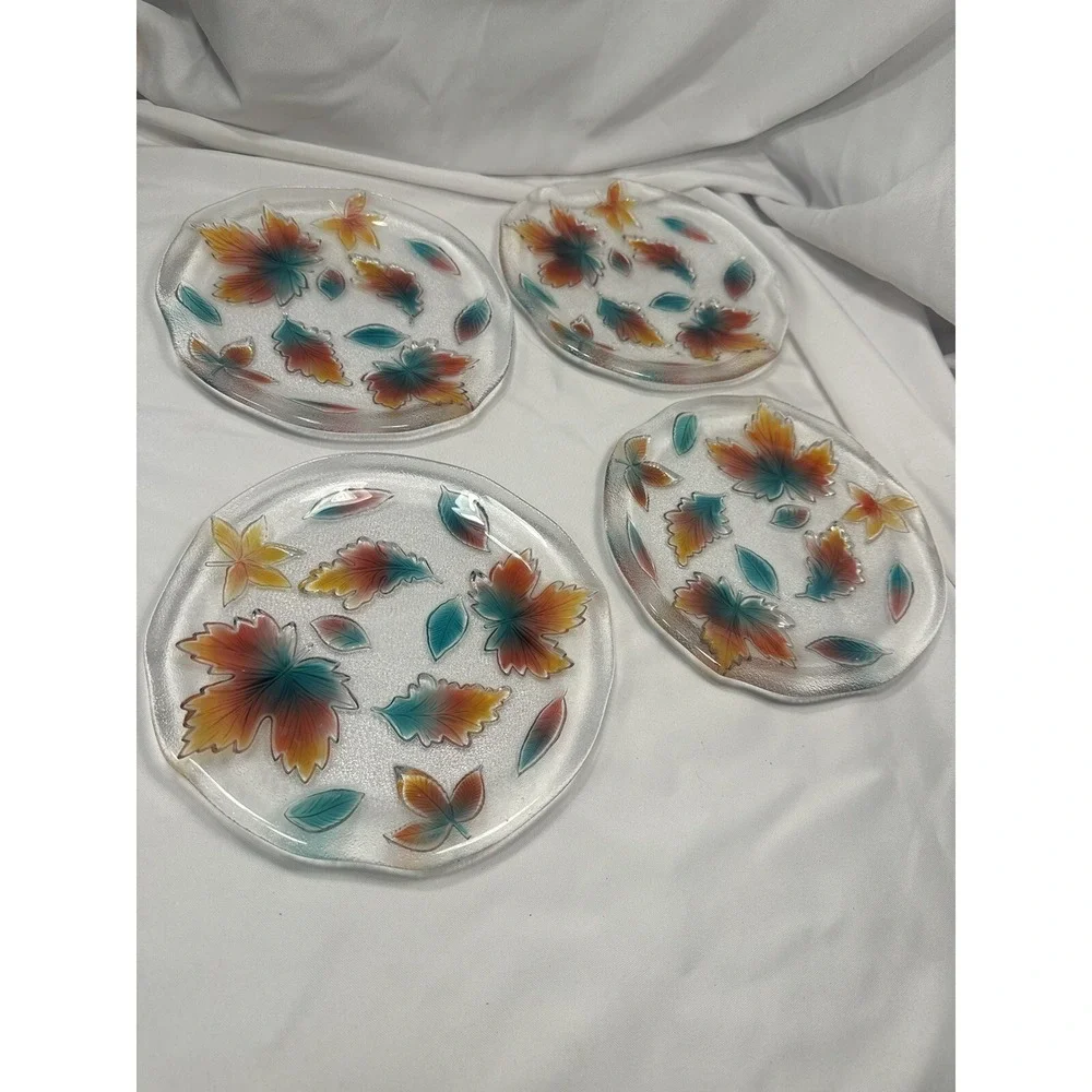 fall‎ leaf vintage glass 9 inch dinner plate green red orange clear set of 4